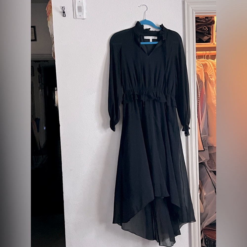 Long Sleeve Smocked Cuff Split V-Neck High-Low Blouson Maxi Dress